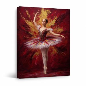 Ballerina in Red Gold Tutu Framed Canvas Wall Art - Ready to Hang