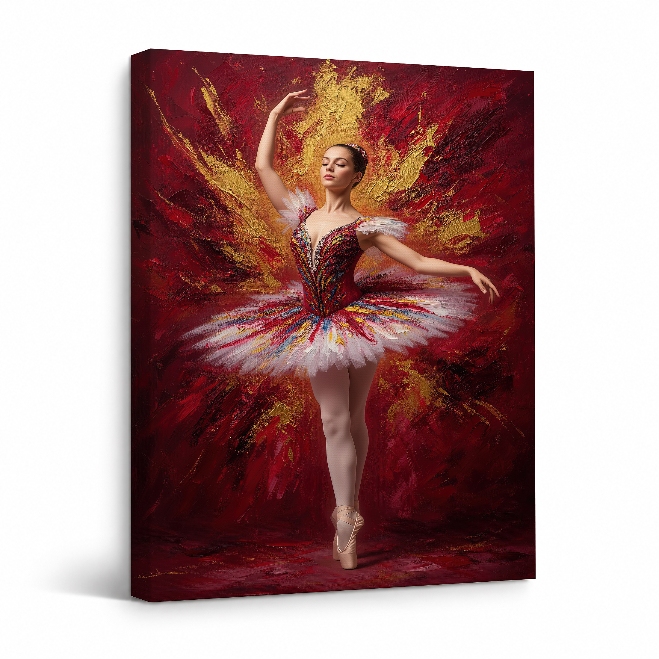 Ballerina in Red Gold Tutu Framed Canvas Wall Art - Ready to Hang