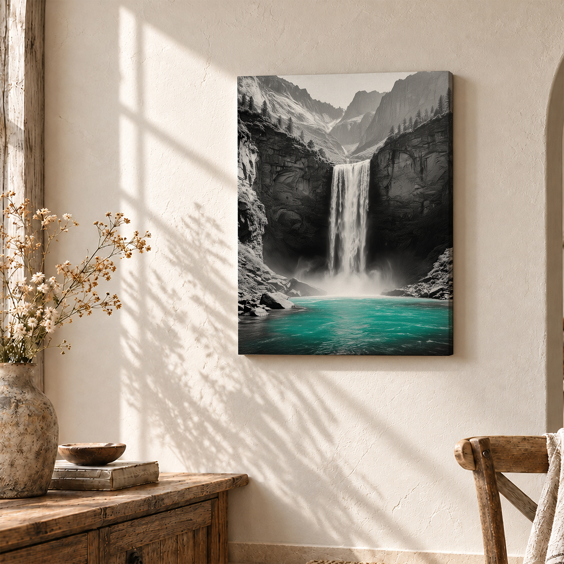Majestic Mountain Waterfall Turquoise Pool Framed Canvas Wall Art - Image 3