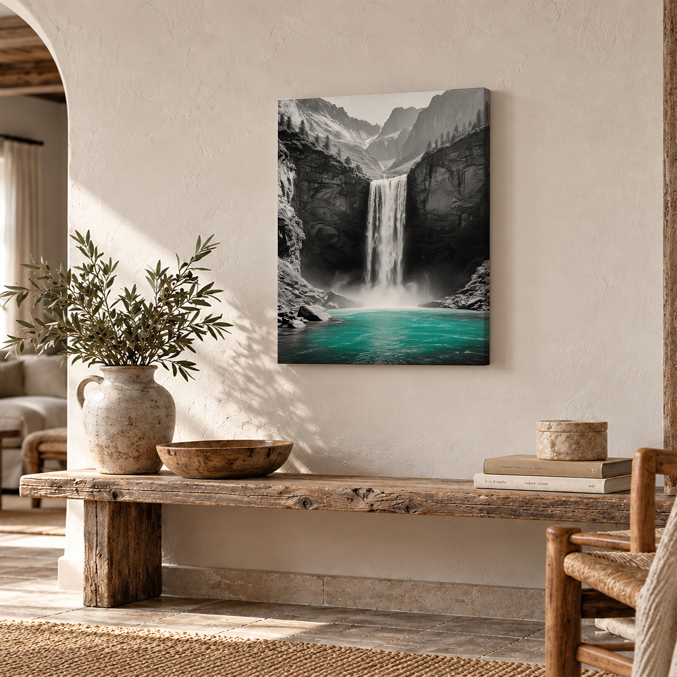 Majestic Mountain Waterfall Turquoise Pool Framed Canvas Wall Art - Image 2