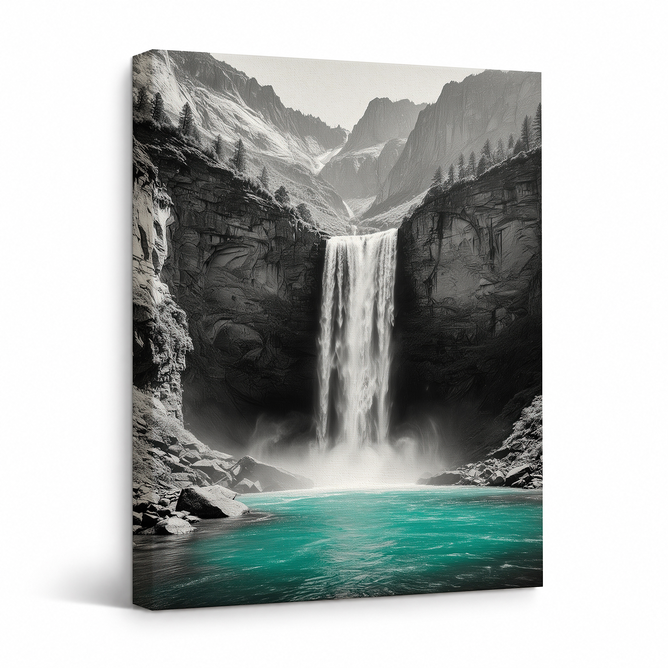 Majestic Mountain Waterfall Turquoise Pool Framed Canvas Wall Art