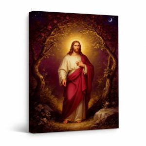 Serene Night Garden with Jesus Christ Halo Framed Canvas Wall Art