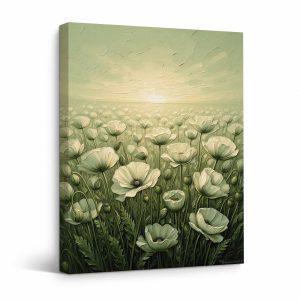 Serene White Poppy Field Sunrise Framed Canvas Wall Art