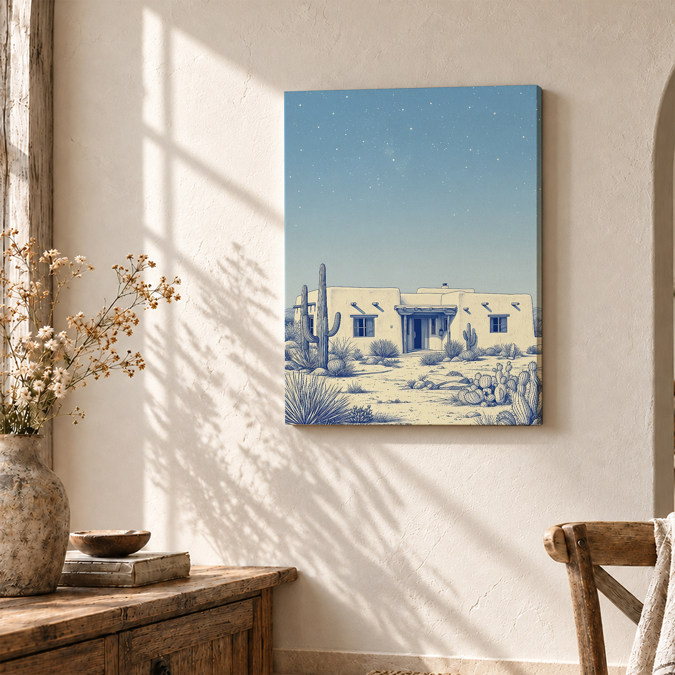 Starry Desert Night Adobe House Framed Canvas Wall Art - Image 3