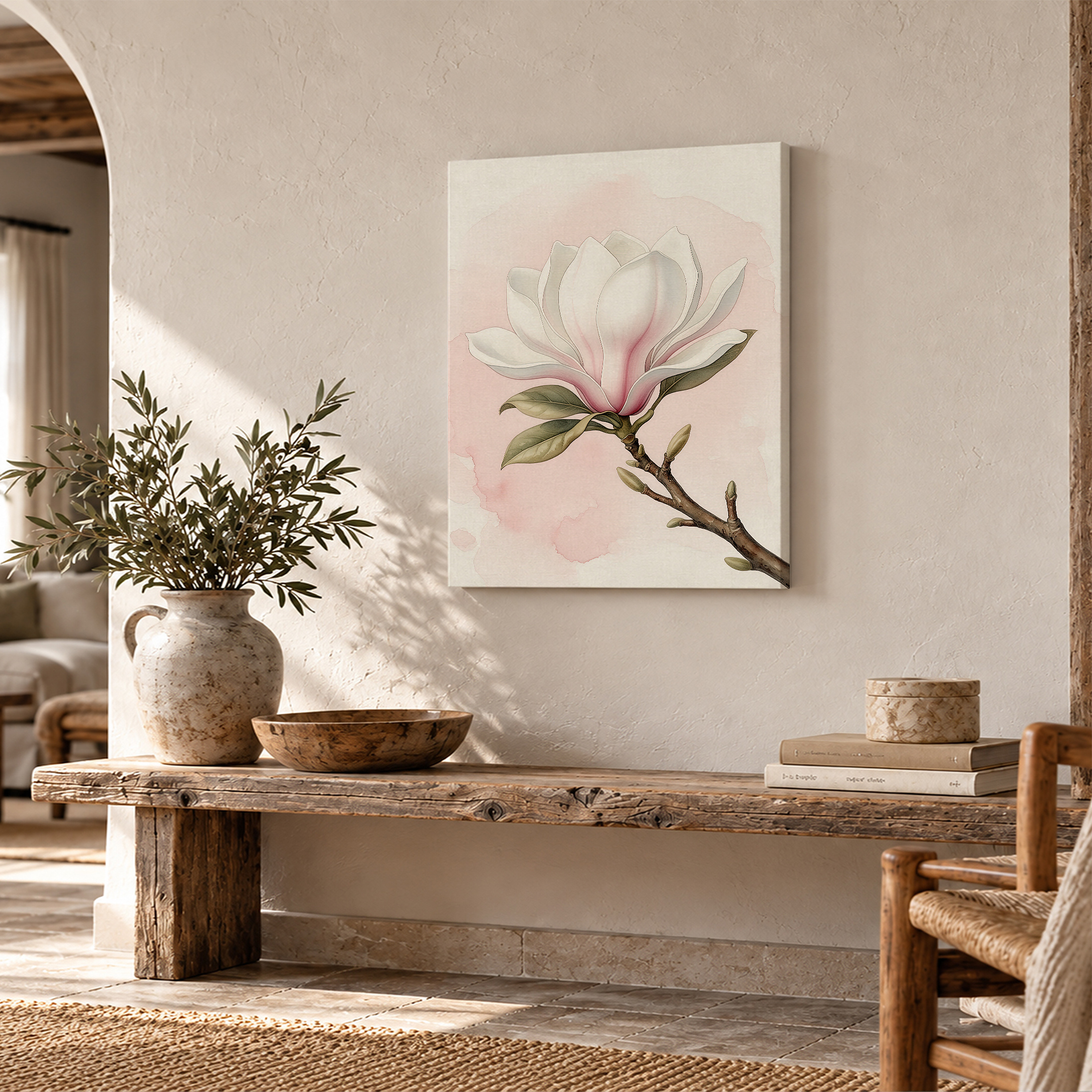 Pink Magnolia Watercolor Framed Canvas Wall Art - Ready to Hang - Image 2