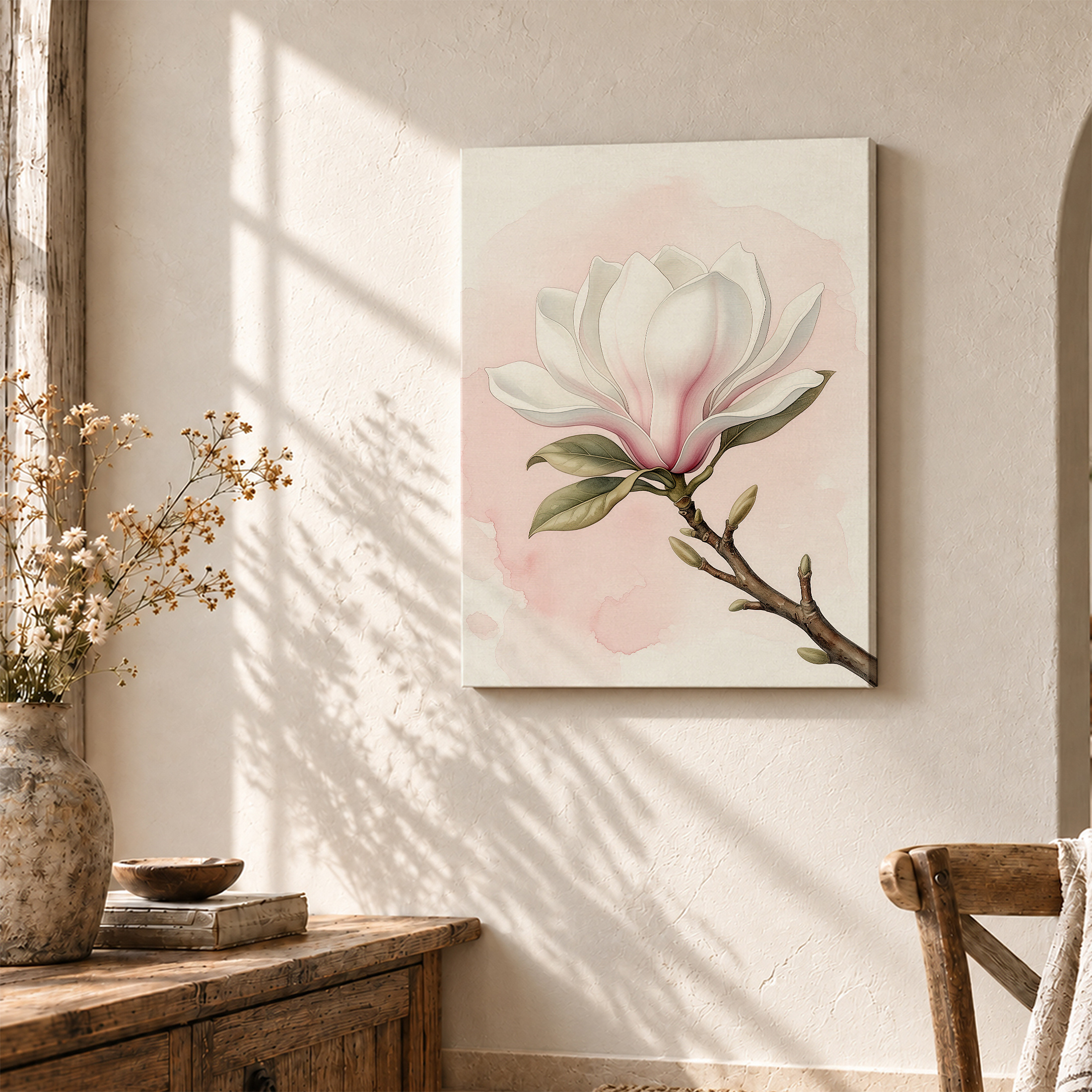 Pink Magnolia Watercolor Framed Canvas Wall Art - Ready to Hang - Image 3
