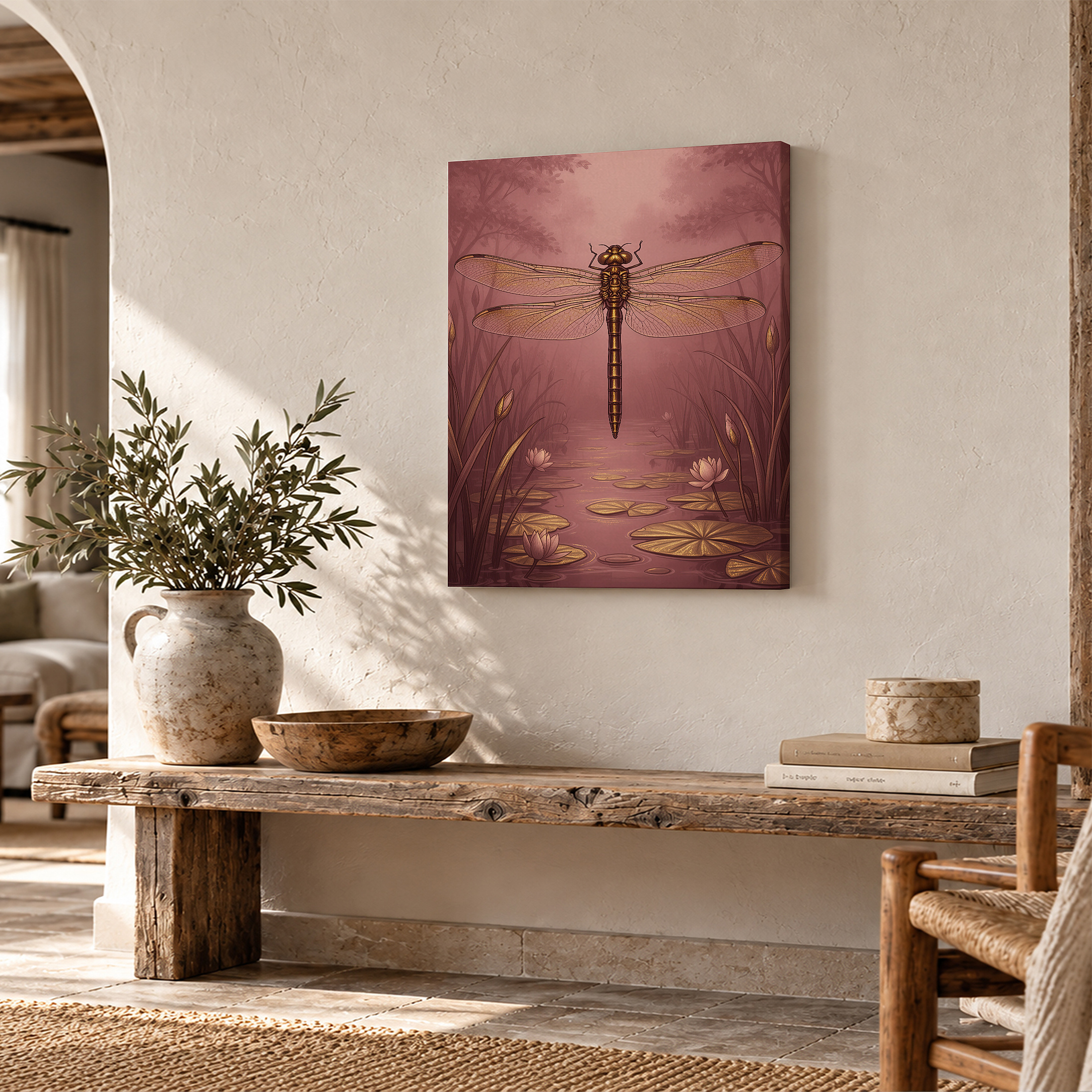 Dreamy Pink Dragonfly Pond Framed Canvas Wall Art - Image 2