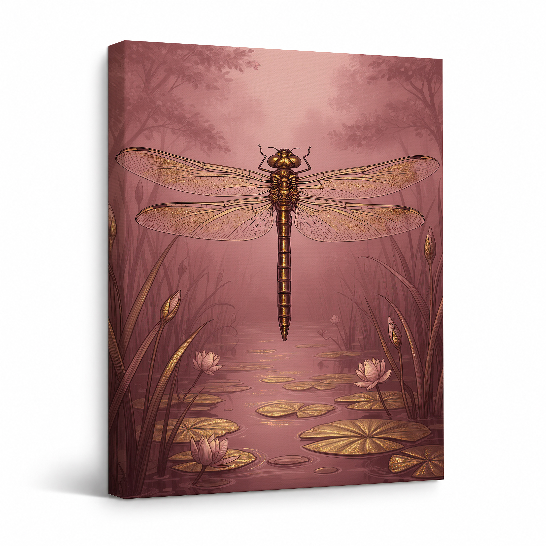 Dreamy Pink Dragonfly Pond Framed Canvas Wall Art