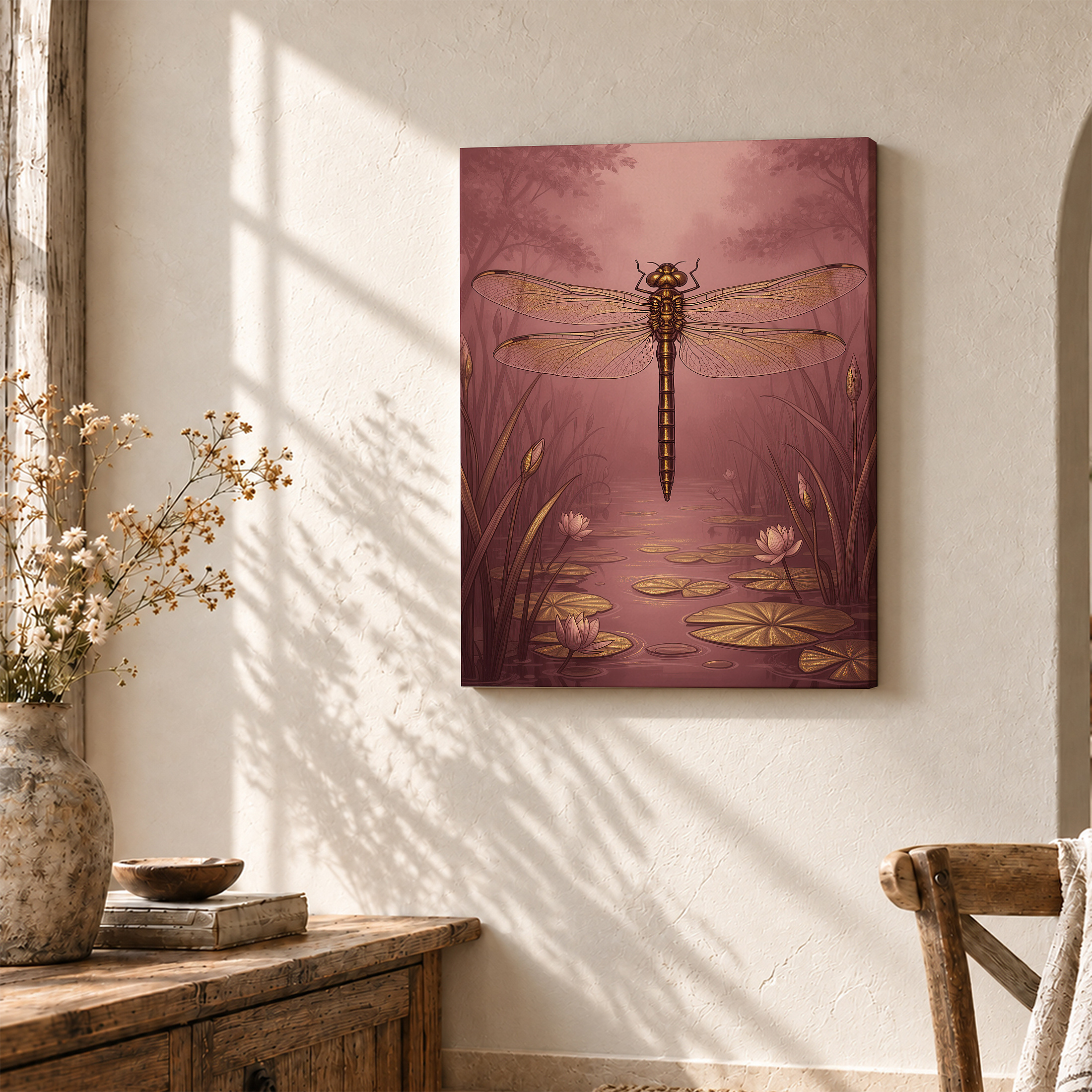 Dreamy Pink Dragonfly Pond Framed Canvas Wall Art - Image 3