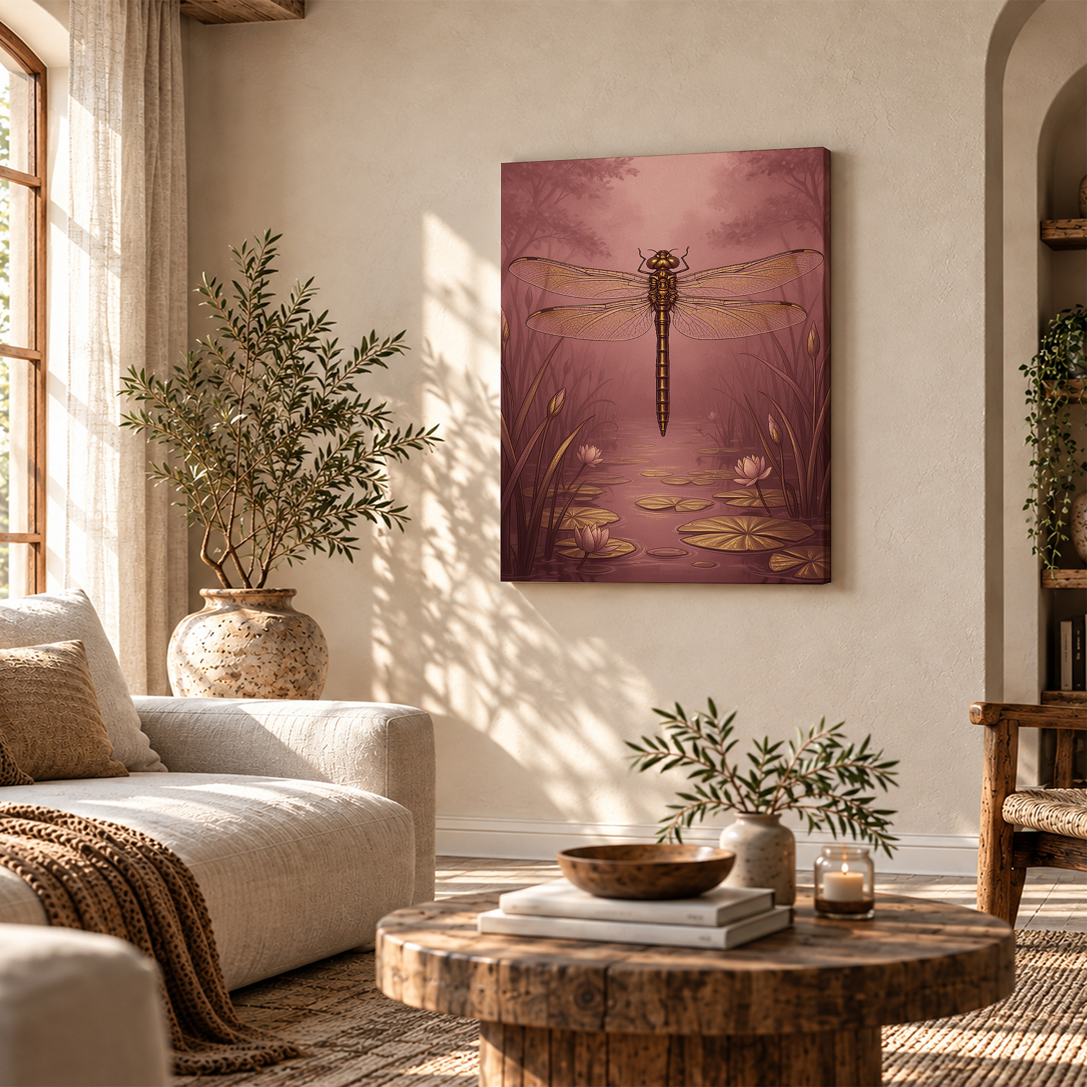 Dreamy Pink Dragonfly Pond Framed Canvas Wall Art - Image 4