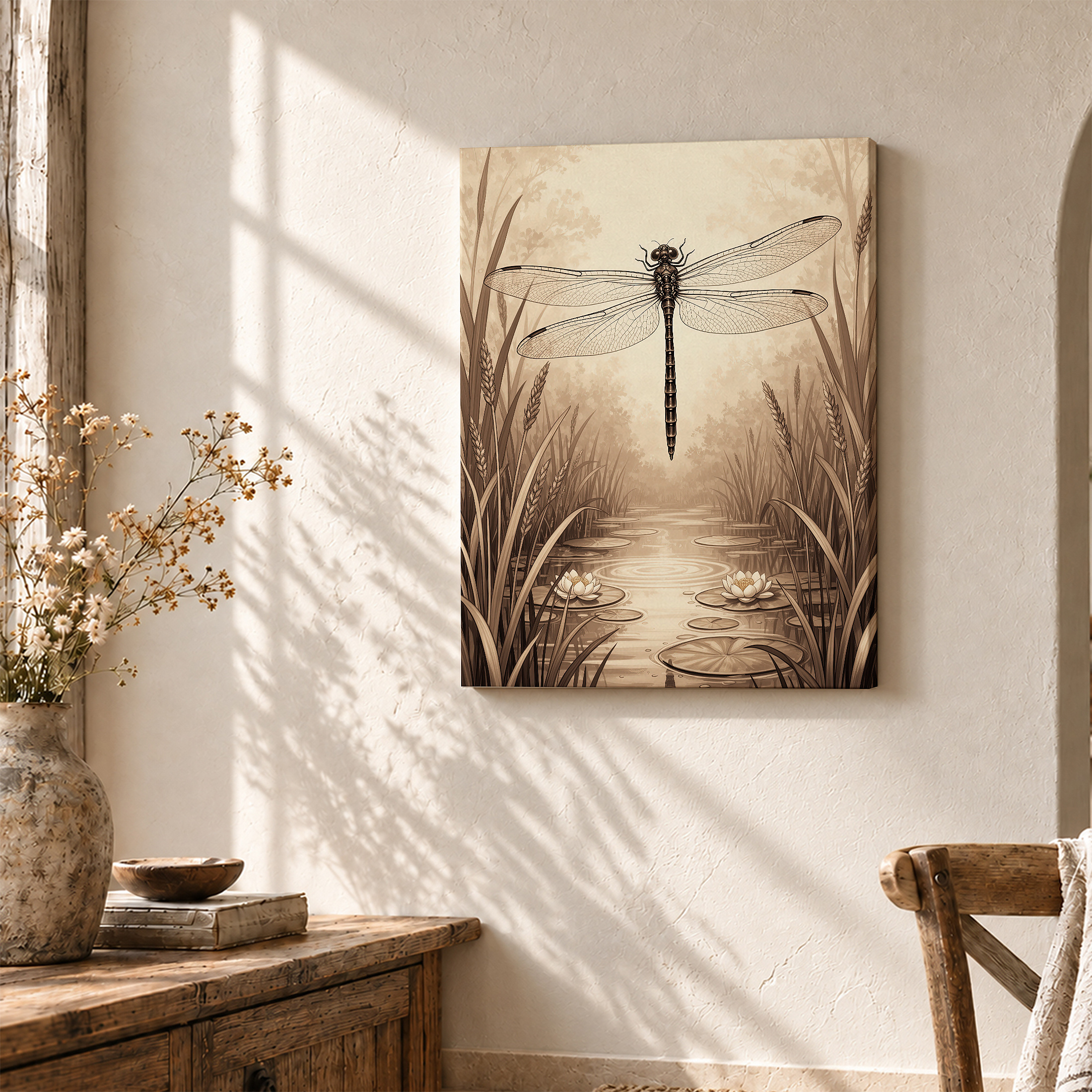 Vintage Dragonfly Pond Art Framed Canvas Wall Art Ready to Hang - Image 3