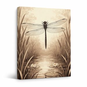 Vintage Dragonfly Pond Art Framed Canvas Wall Art Ready to Hang