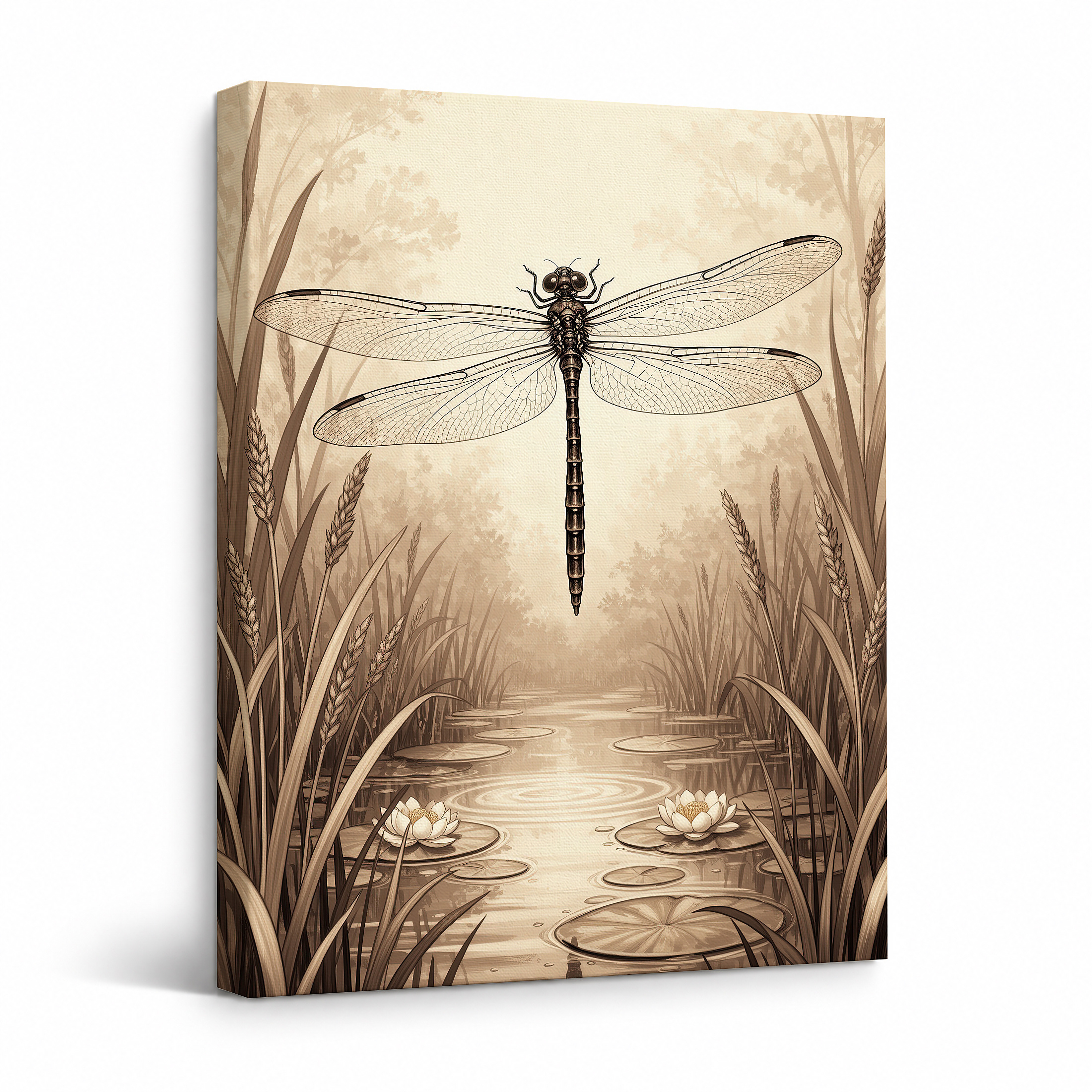 Vintage Dragonfly Pond Art Framed Canvas Wall Art Ready to Hang