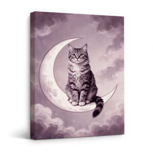 Crescent Moon Tabby Cat Framed Canvas Wall Art