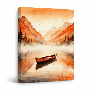 Sunset Mountain Lake Watercolor Framed Canvas Wall Art