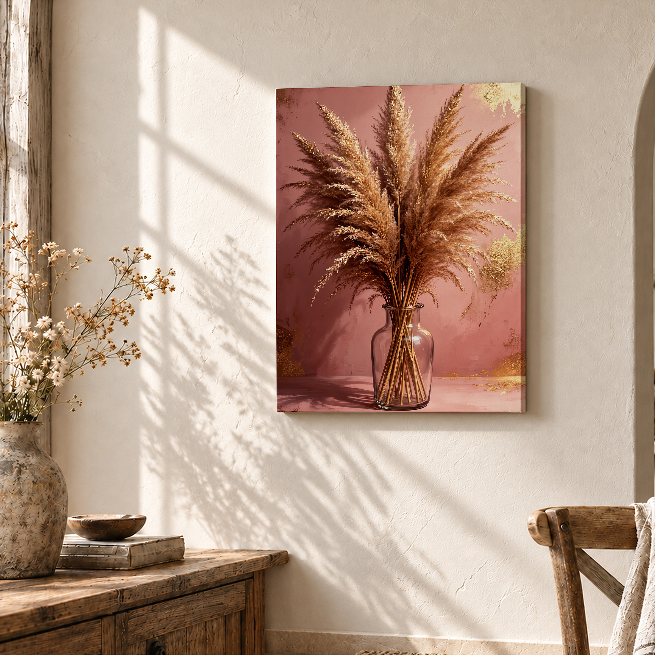 Golden Pampas Grass Still Life Framed Canvas Wall Art - Image 3