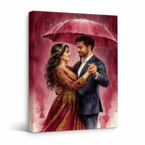 Romantic Rain Dance Couple Framed Canvas Wall Art - Ready to Hang
