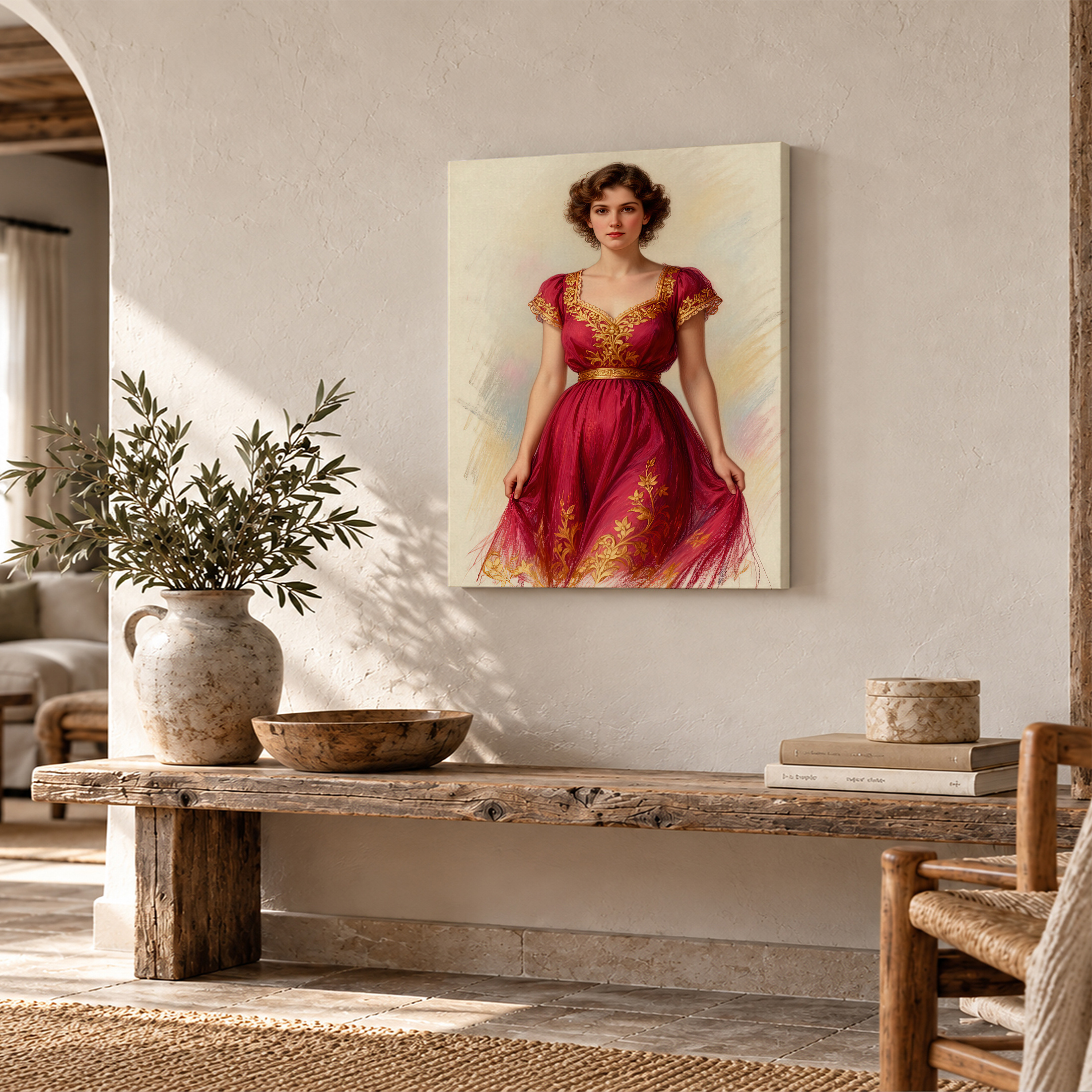 Vintage Elegance Framed Canvas Wall Art - Red Dress Art Print - Image 2