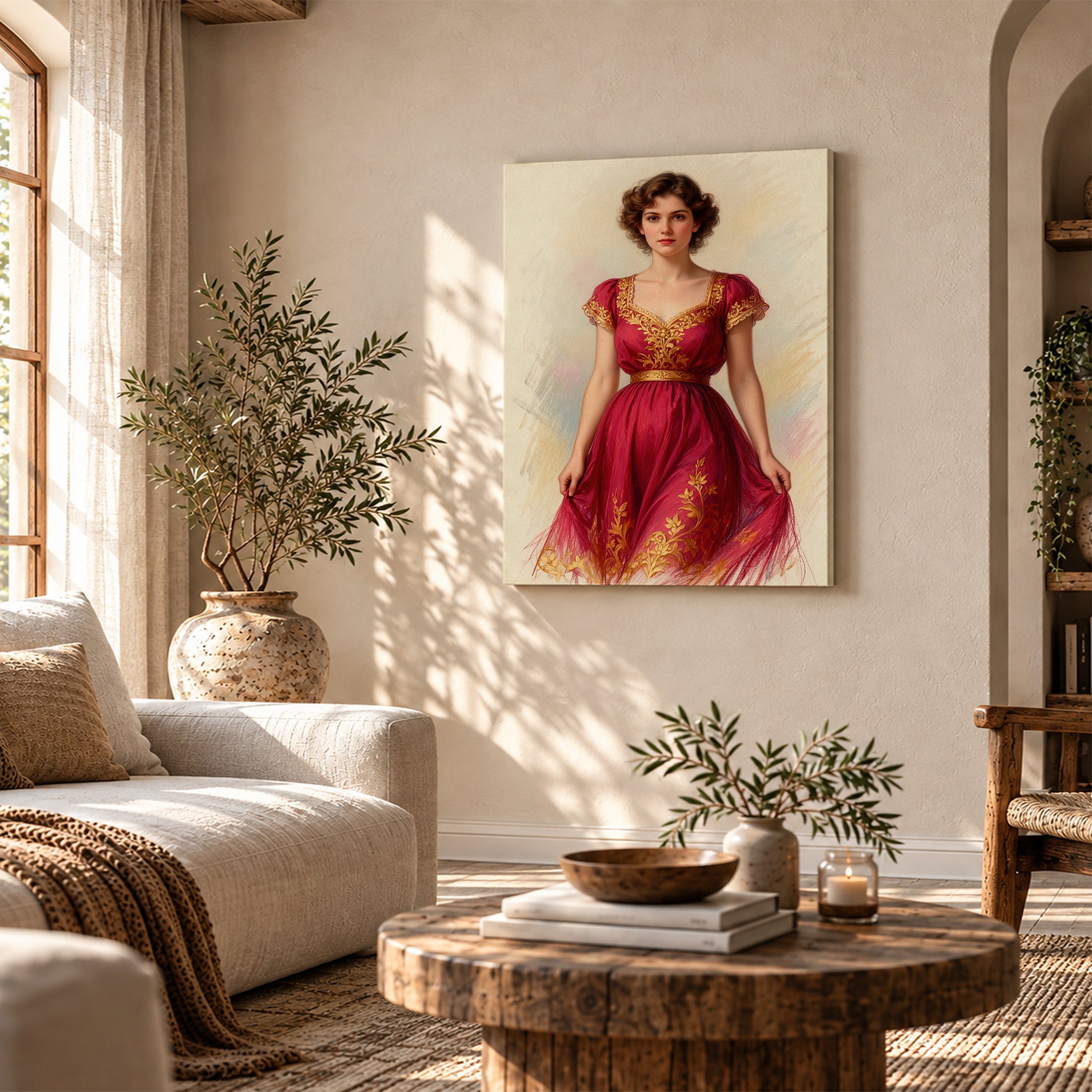 Vintage Elegance Framed Canvas Wall Art - Red Dress Art Print - Image 4