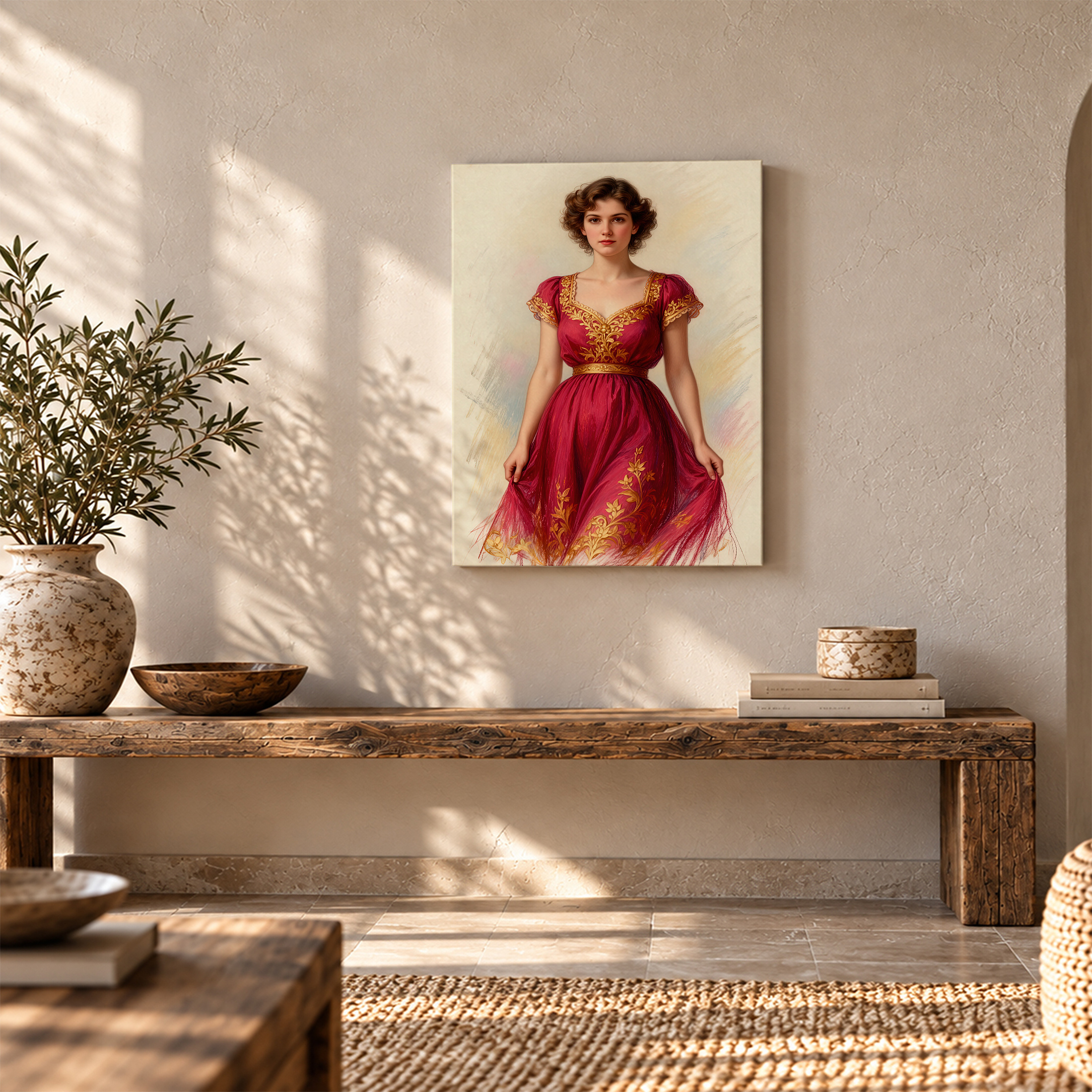 Vintage Elegance Framed Canvas Wall Art - Red Dress Art Print - Image 5