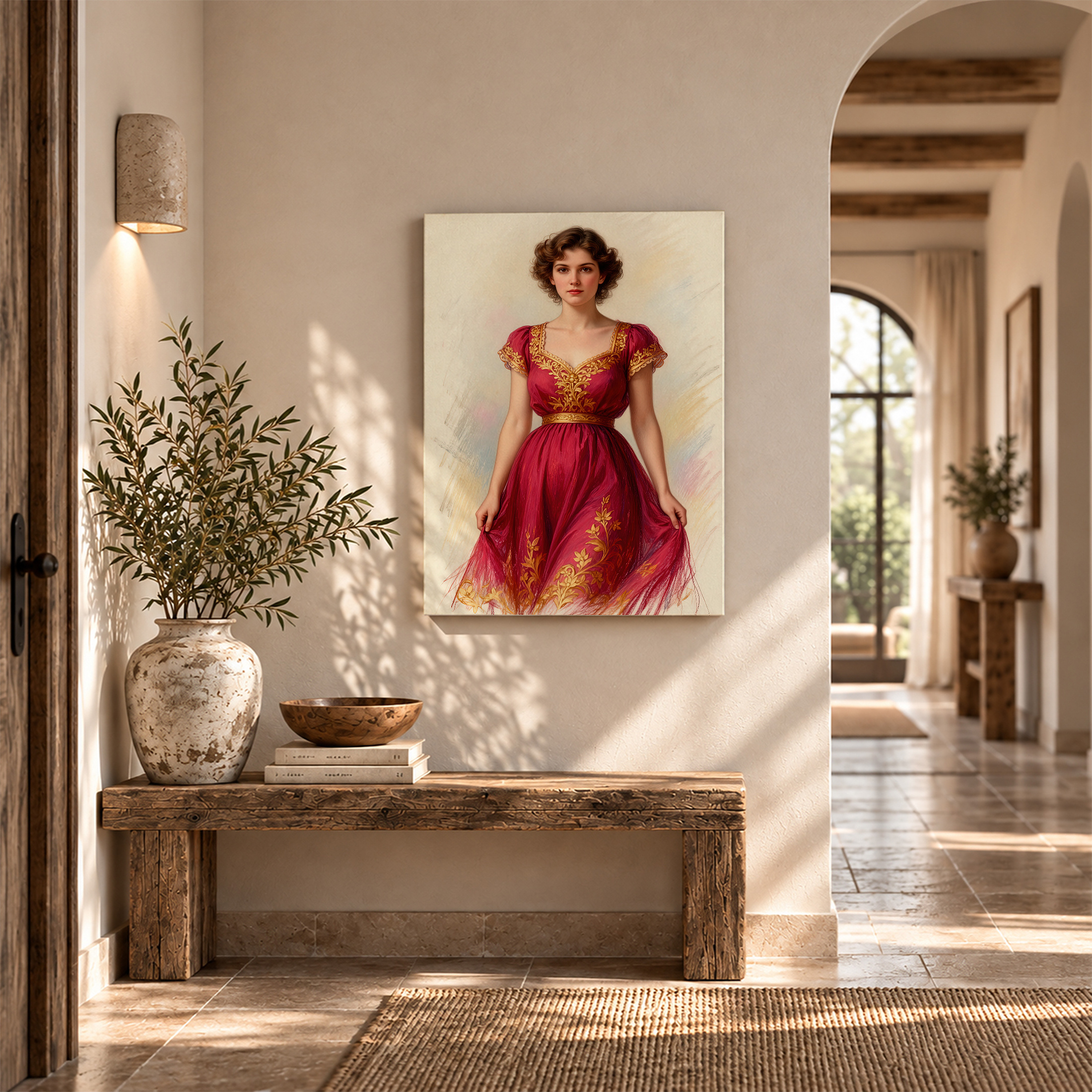 Vintage Elegance Framed Canvas Wall Art - Red Dress Art Print - Image 6