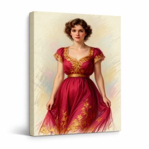 Vintage Elegance Framed Canvas Wall Art - Red Dress Art Print