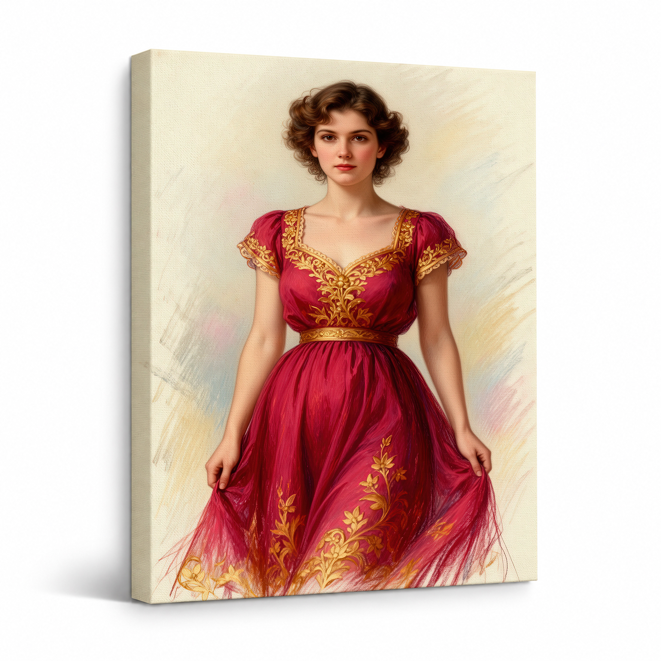 Vintage Elegance Framed Canvas Wall Art - Red Dress Art Print