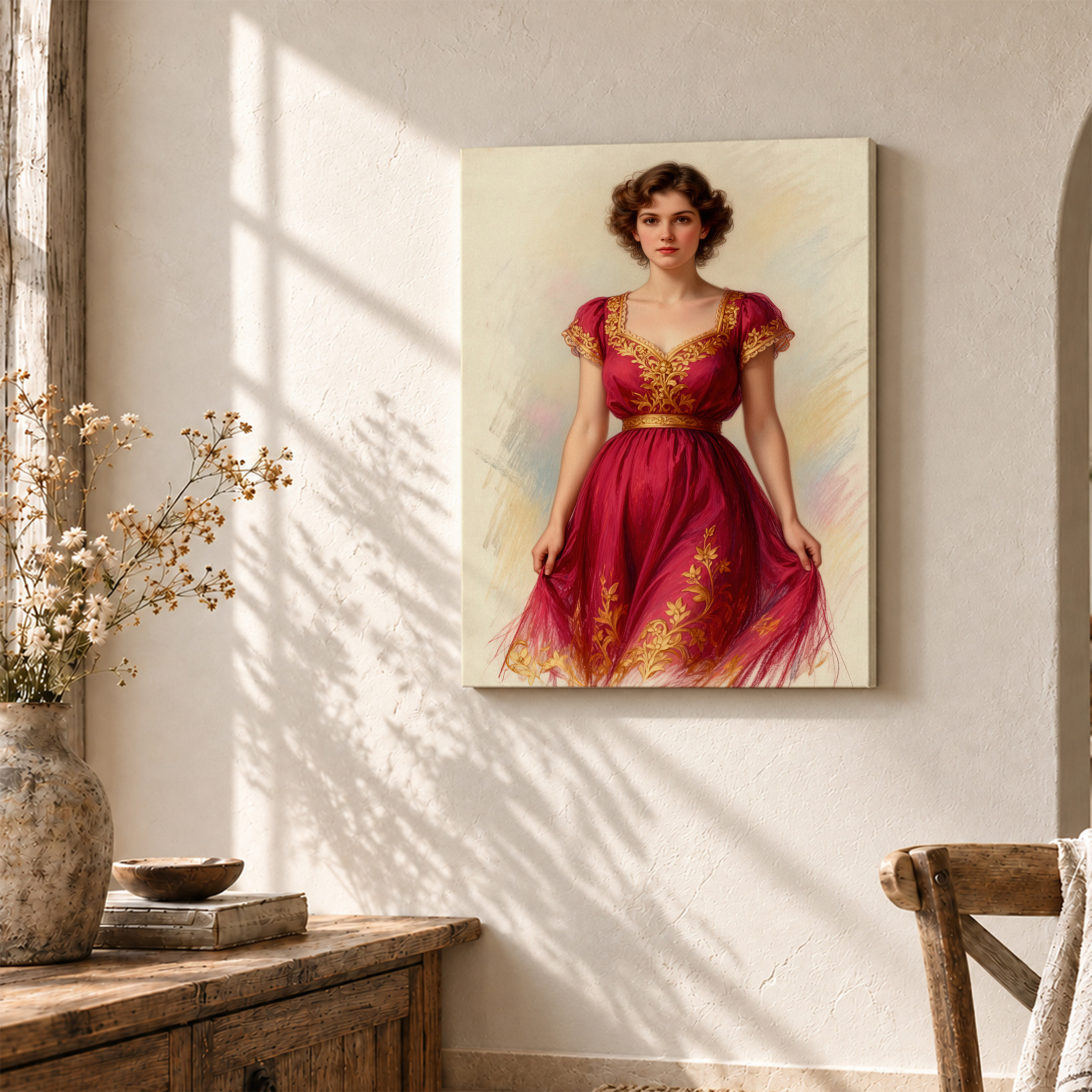Vintage Elegance Framed Canvas Wall Art - Red Dress Art Print - Image 3