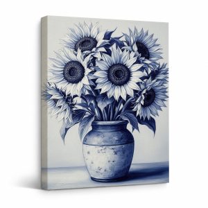 Blue Monochrome Sunflower Bouquet Framed Canvas Wall Art