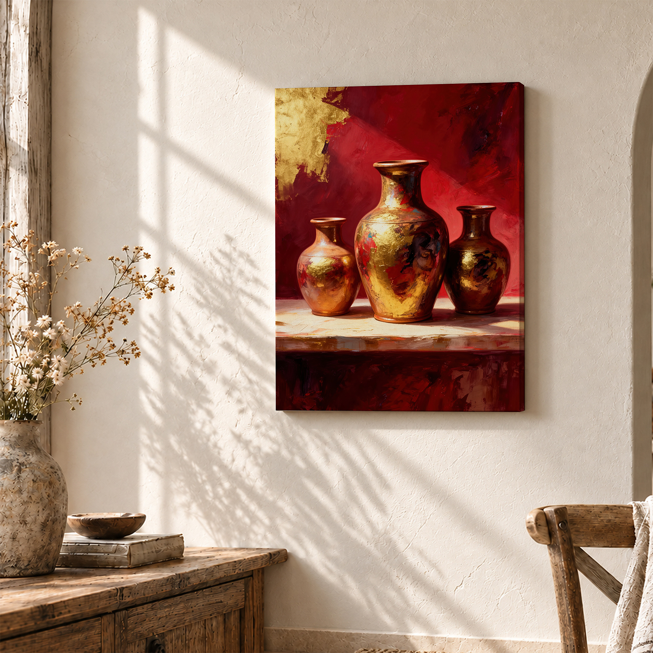 Golden Vases on Red Background Framed Canvas Wall Art - Image 3