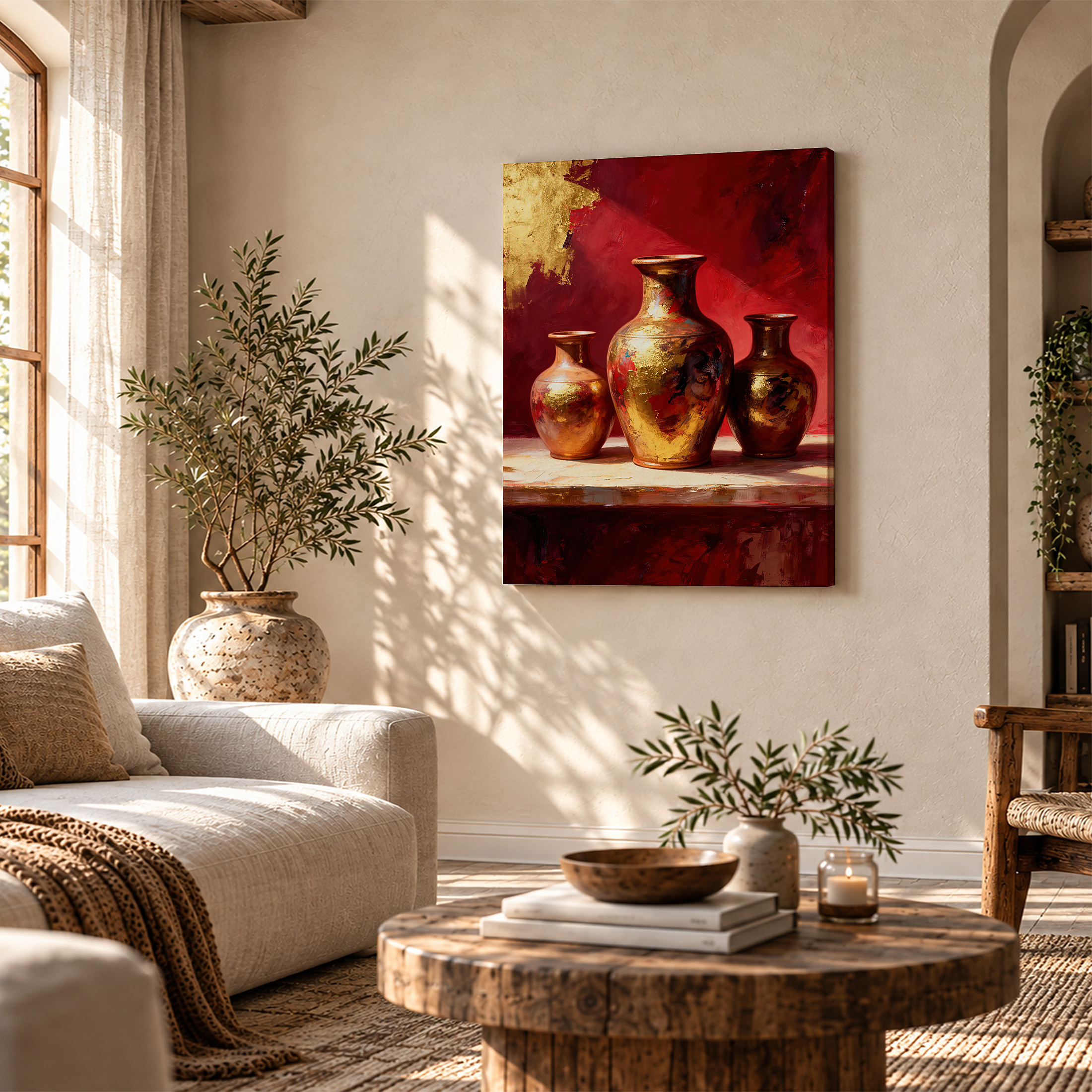 Golden Vases on Red Background Framed Canvas Wall Art - Image 4