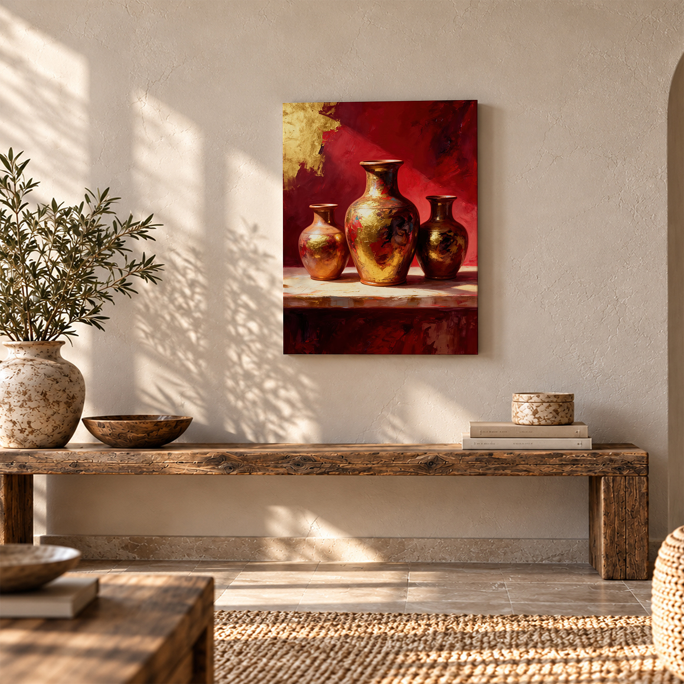 Golden Vases on Red Background Framed Canvas Wall Art - Image 5