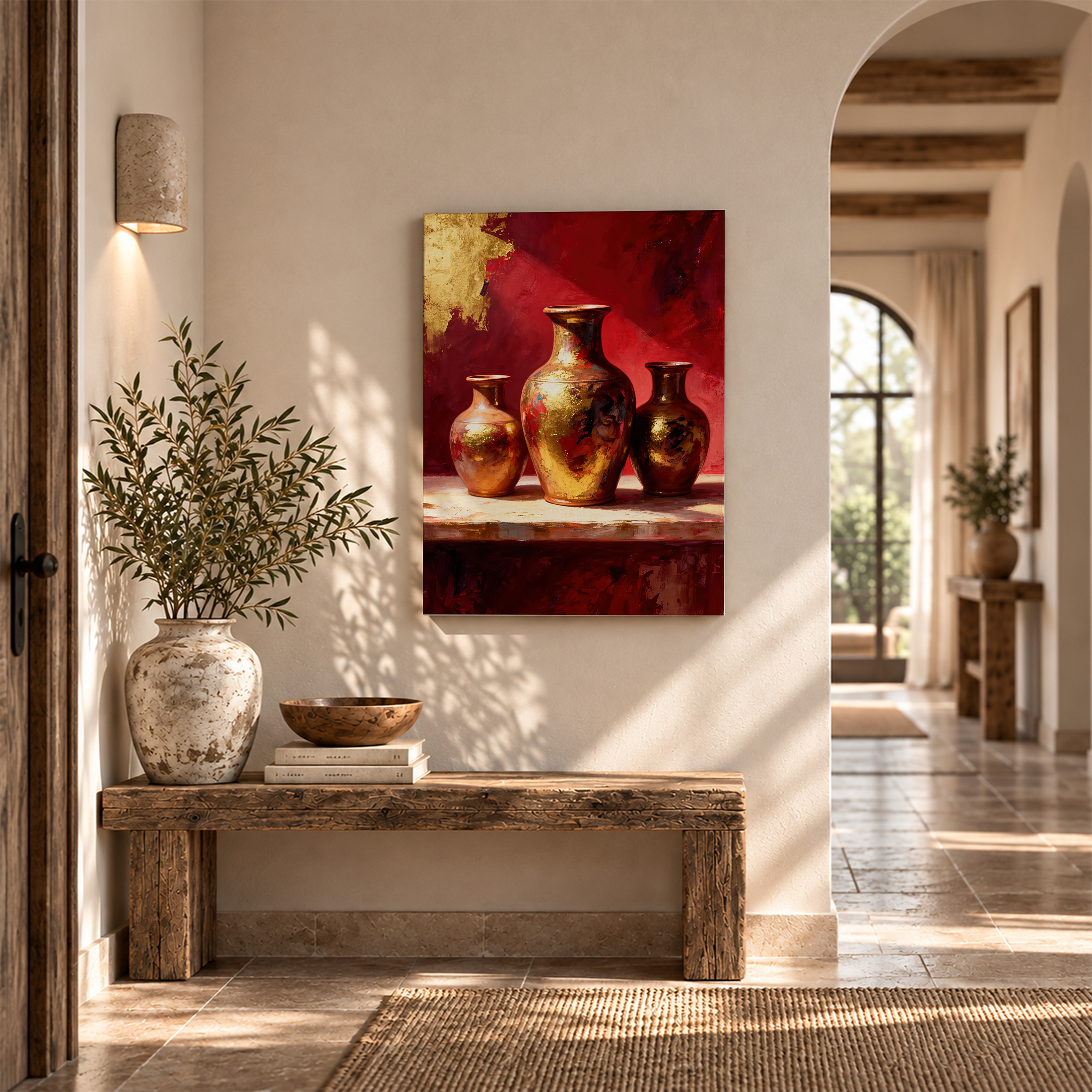 Golden Vases on Red Background Framed Canvas Wall Art - Image 6