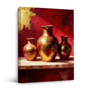 Golden Vases on Red Background Framed Canvas Wall Art