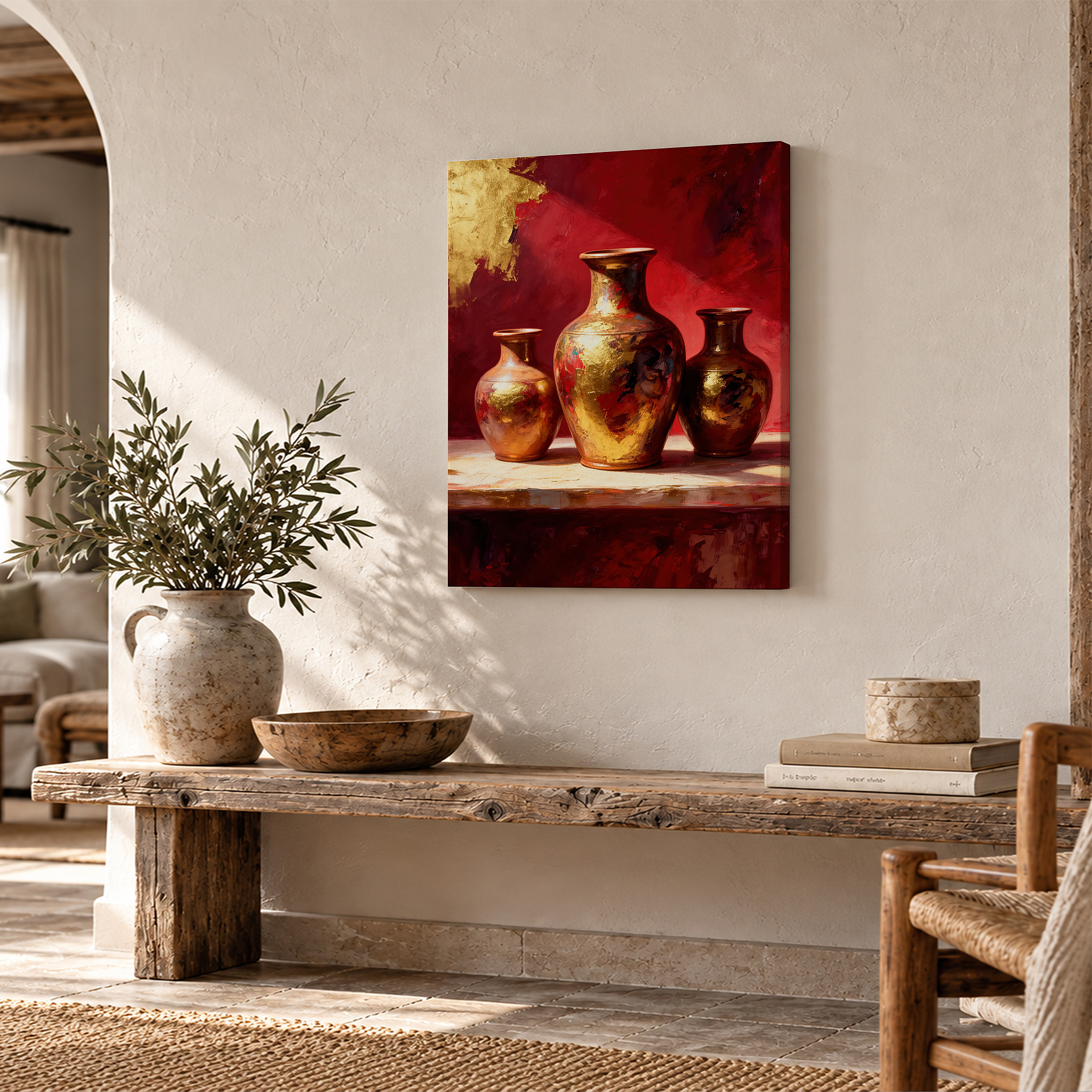 Golden Vases on Red Background Framed Canvas Wall Art - Image 2