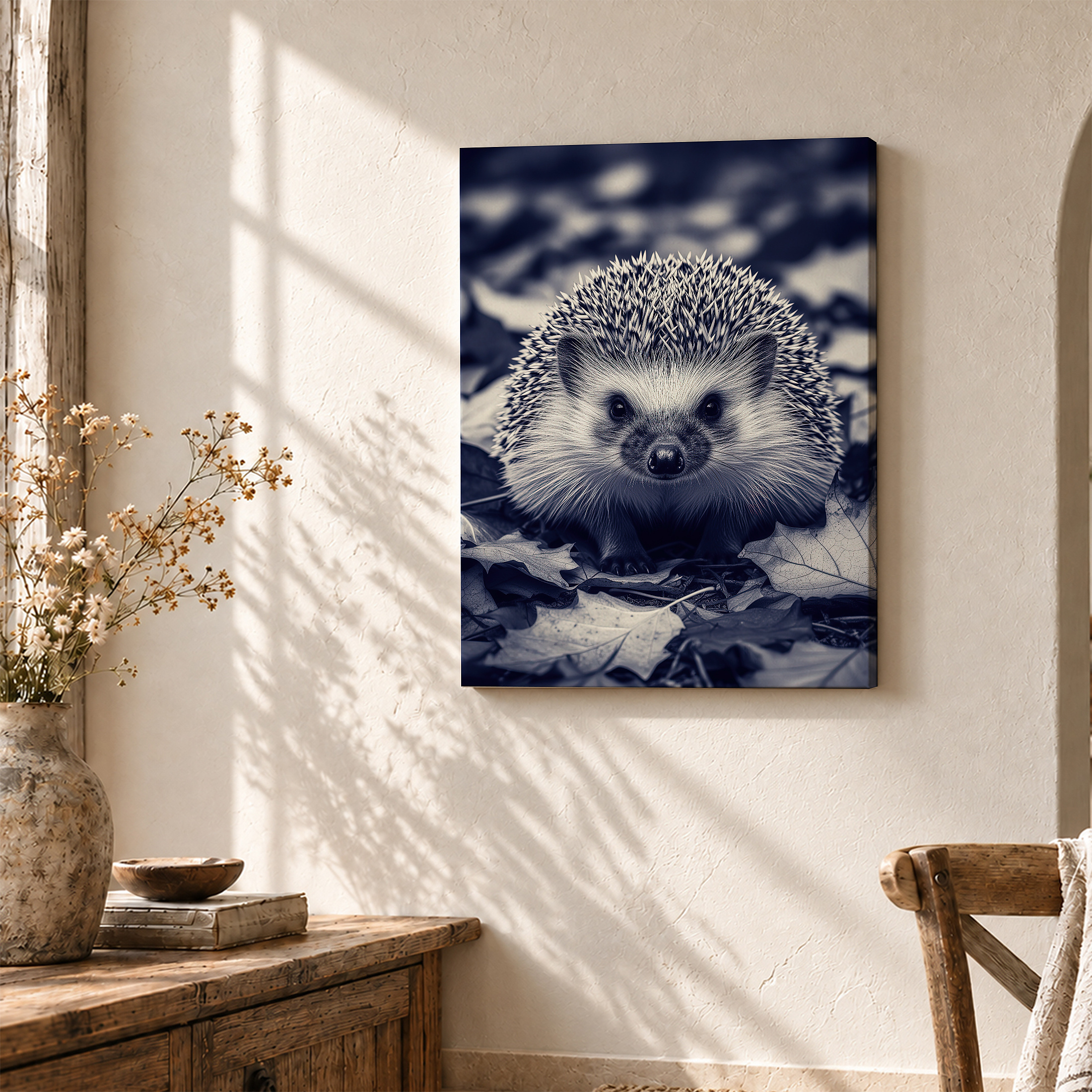 Autumn Hedgehog Framed Canvas Wall Art - Monochrome Nature Decor - Image 3