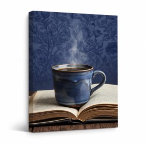 Steaming Mug & Book Study Scene Framed Canvas Wall Art