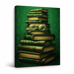 Vintage Book Stack with Glasses Framed Canvas Wall Art