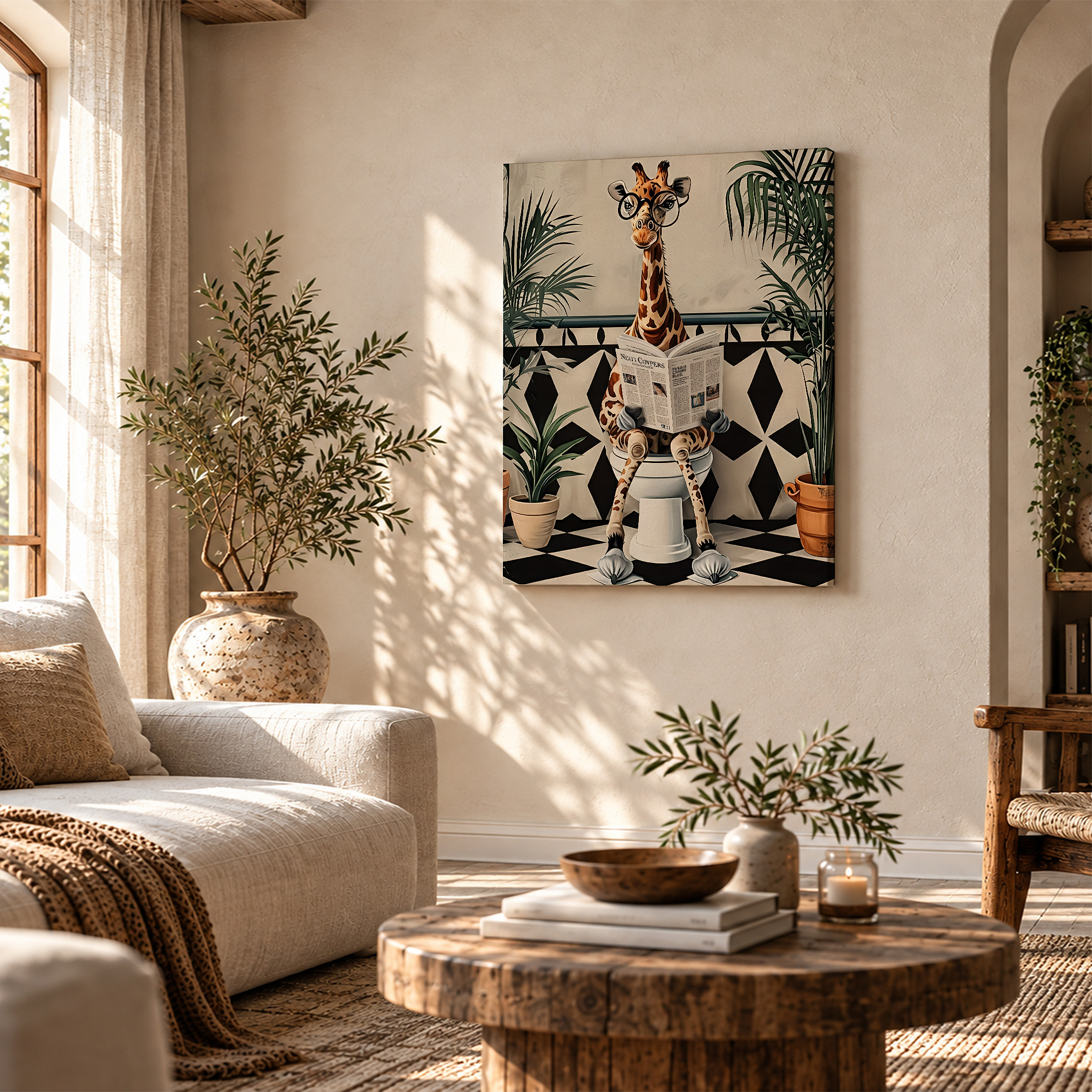 Giraffe Reading Newspaper Bathroom Art - Framed Canvas Wall Art - Image 4