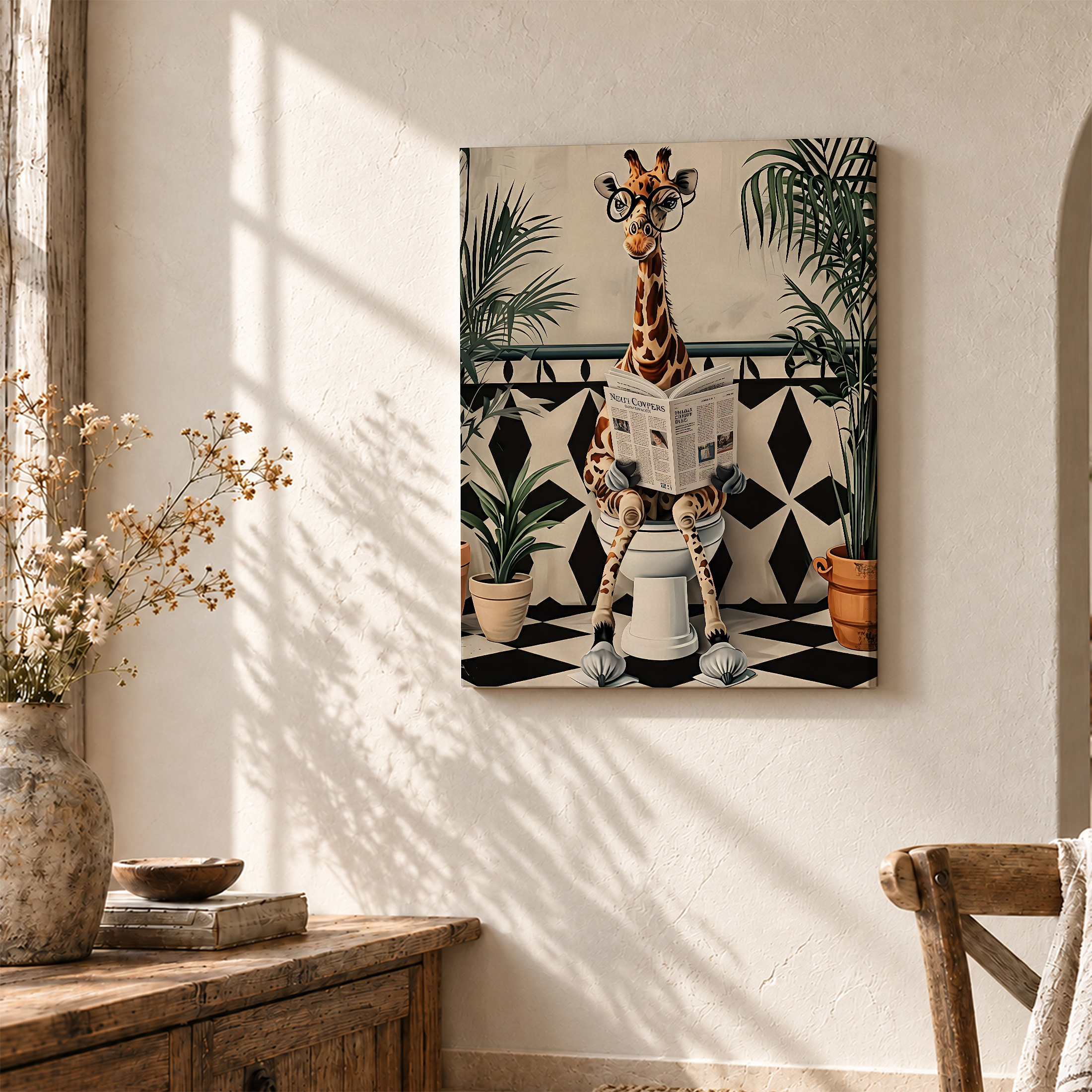 Giraffe Reading Newspaper Bathroom Art - Framed Canvas Wall Art - Image 3