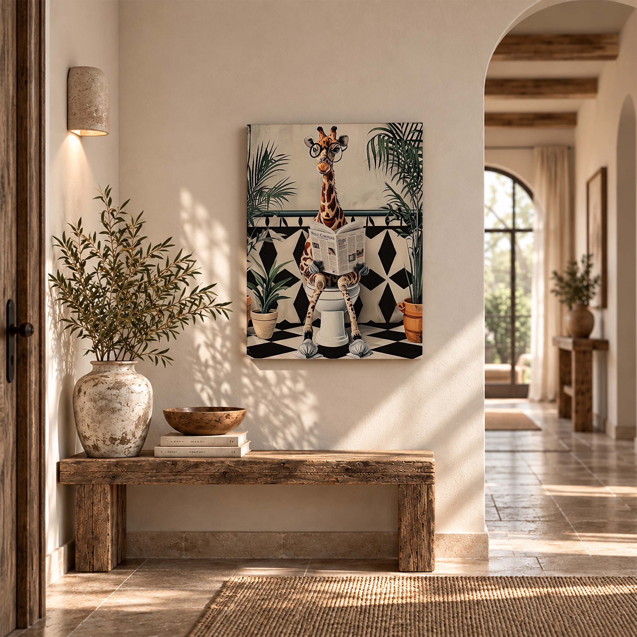 Giraffe Reading Newspaper Bathroom Art - Framed Canvas Wall Art - Image 6