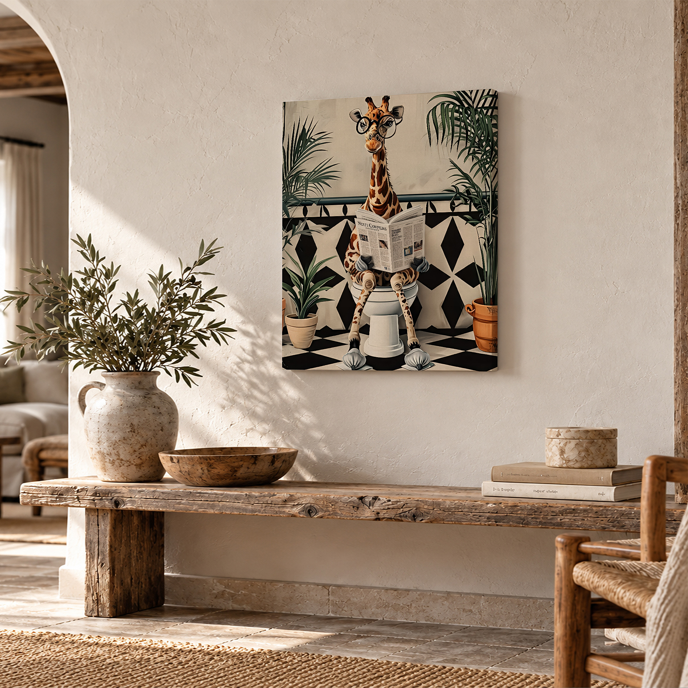 Giraffe Reading Newspaper Bathroom Art - Framed Canvas Wall Art - Image 2