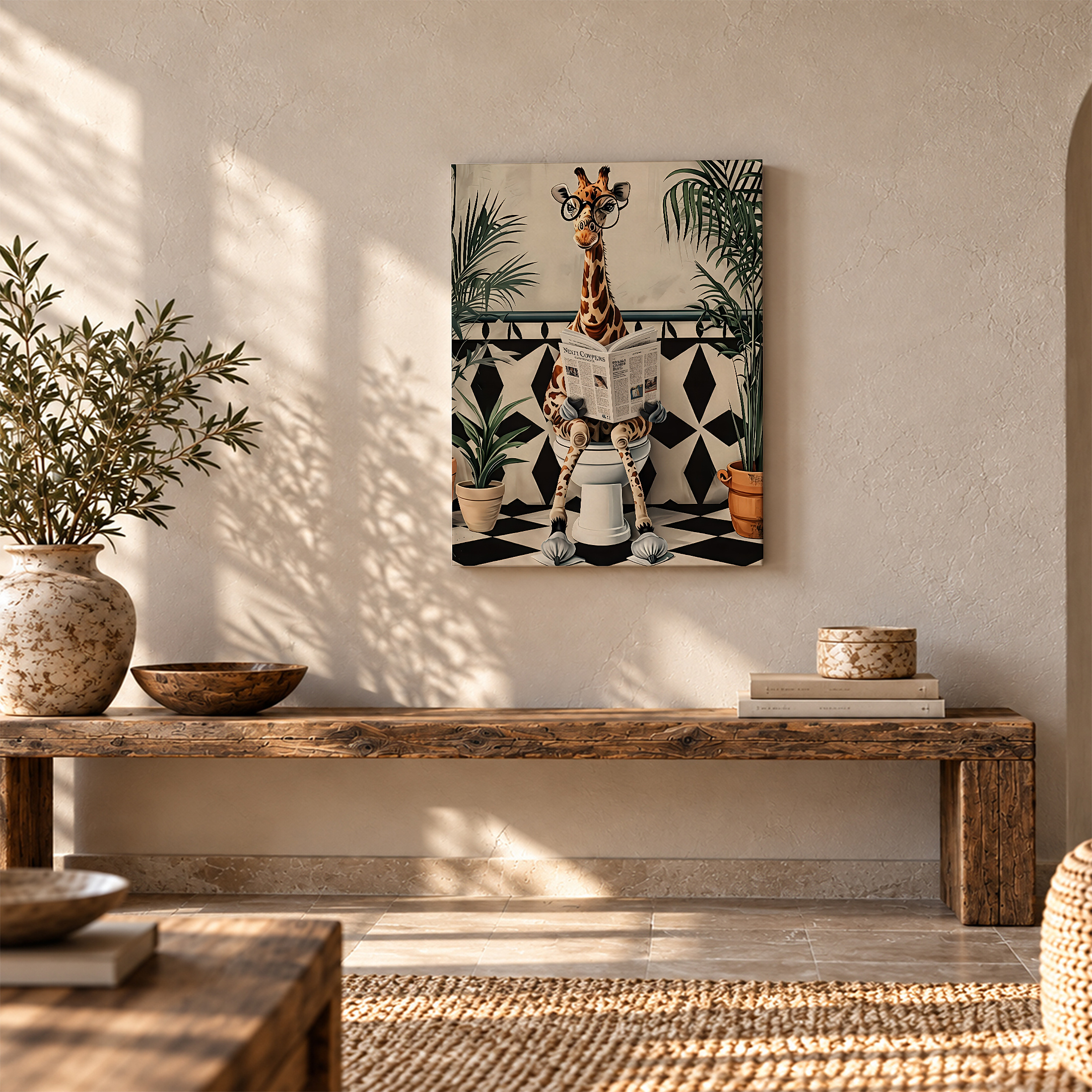 Giraffe Reading Newspaper Bathroom Art - Framed Canvas Wall Art - Image 5
