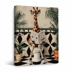 Giraffe Reading Newspaper Bathroom Art - Framed Canvas Wall Art