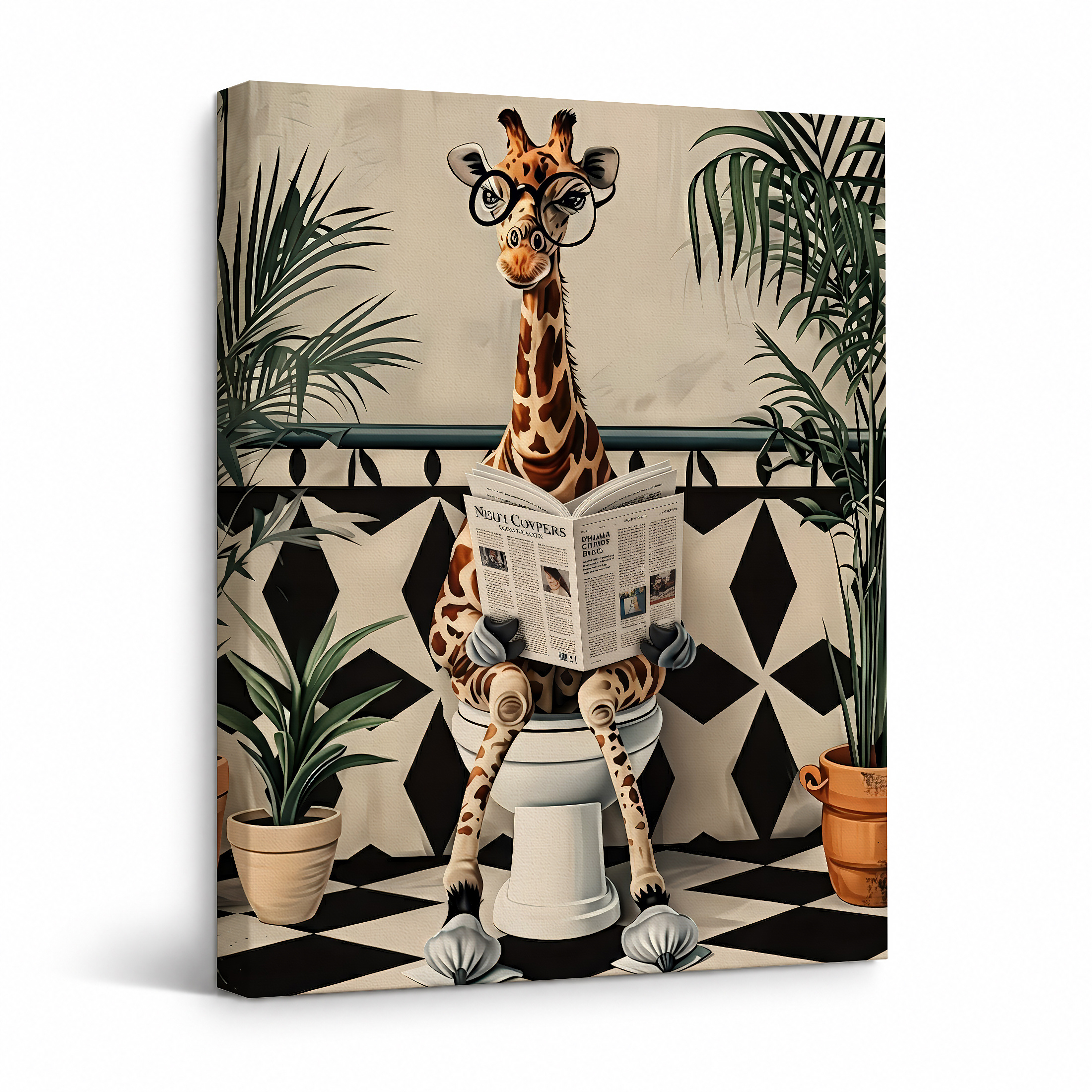 Giraffe Reading Newspaper Bathroom Art - Framed Canvas Wall Art
