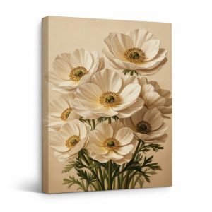 Cream Anemone Botanical Framed Canvas Wall Art - Ready to Hang