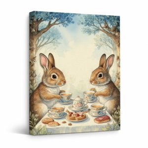 Bunny Tea Party Forest Framed Canvas Wall Art - Ready to Hang