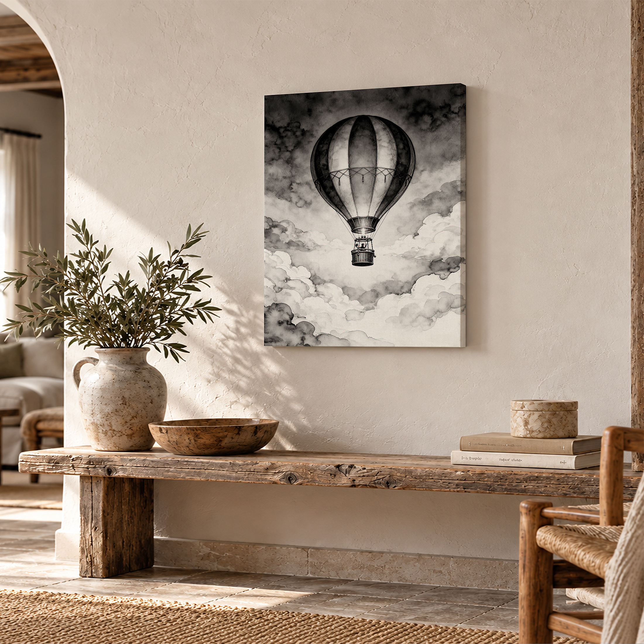 Vintage Hot Air Balloon Framed Canvas Wall Art | Monochrome Cloudscape - Image 2