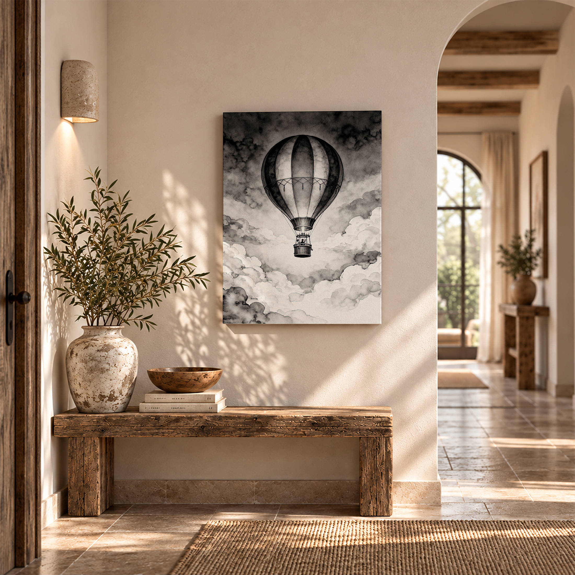 Vintage Hot Air Balloon Framed Canvas Wall Art | Monochrome Cloudscape - Image 6