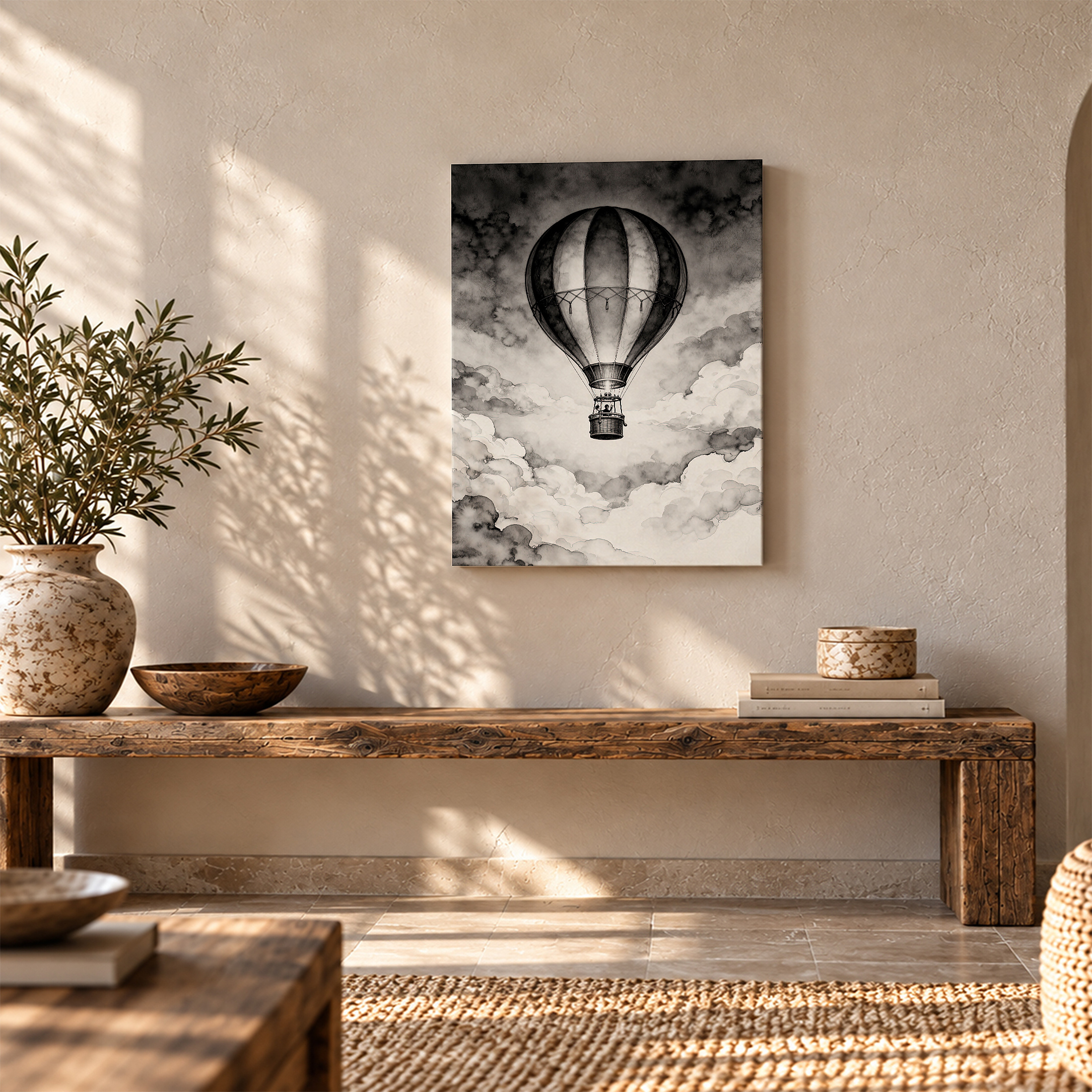 Vintage Hot Air Balloon Framed Canvas Wall Art | Monochrome Cloudscape - Image 5